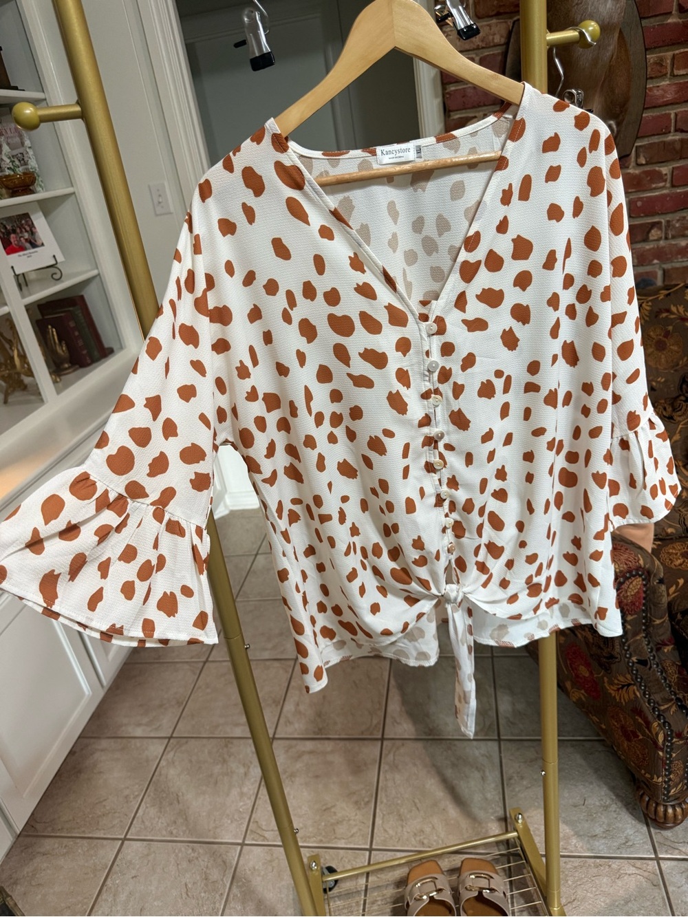Cream & Rust Leopard Print Tie-Front Blouse